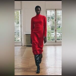 Zara Red Long-Sleeve Knit Maxi Dress